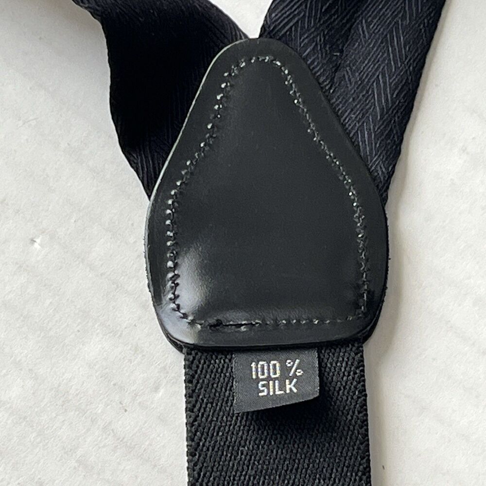 Mens MADE In ENGLAND Black 100% Silk Button Suspenders w/ Leather Loops Y-Back - Picture 4 of 8